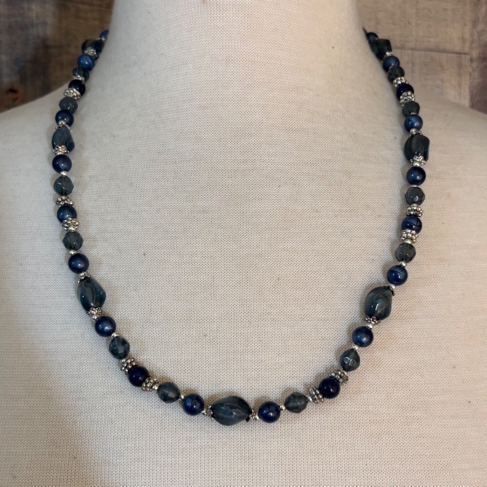 Blue Beaded Necklace Silver Tone Spacers Lobster Clasp 24 Inch